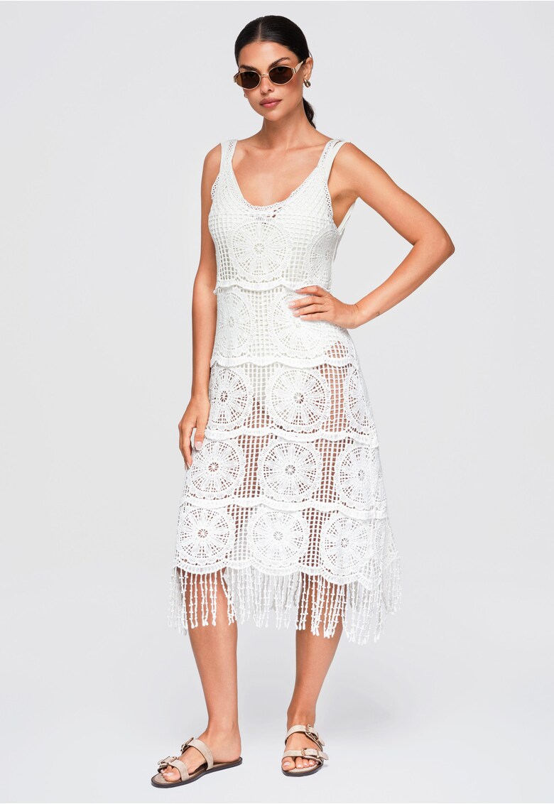 Rochie midi eleganta cu decolteu rotund si franjuri OW-DLR-E0013 - Alb - ONESIZE