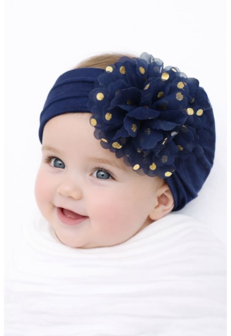 Bentita lata cu floare din tulle si buline aurii - 0-12 luni - Bleumarin