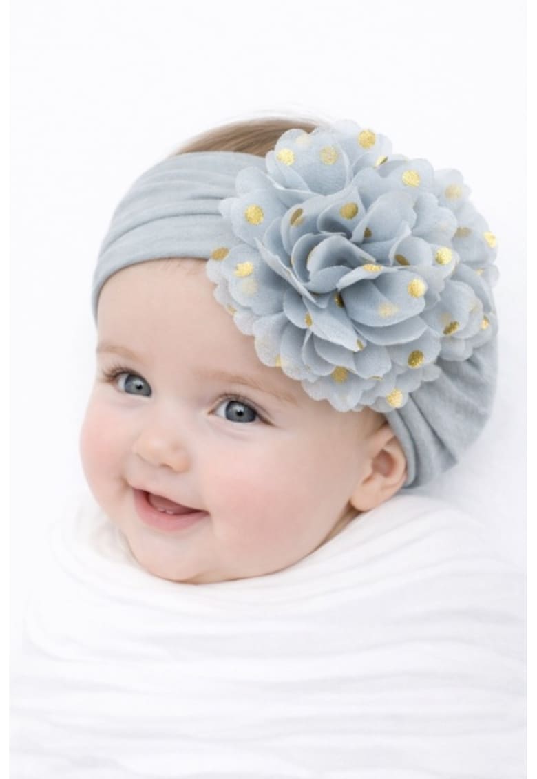 Bentita lata cu floare din tulle si buline aurii - 0-12 - Gri