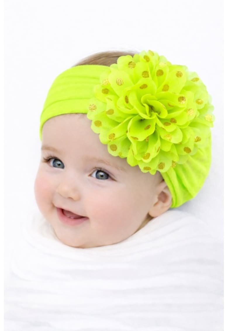 Bentita lata cu floare din tulle si buline aurii - 0-12 luni - Verde Neon