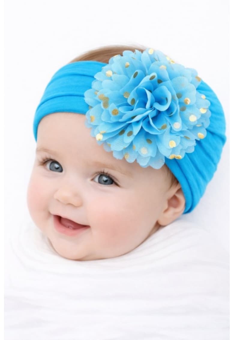 Bentita lata cu floare din tulle si buline aurii - 0-12 - Albastru