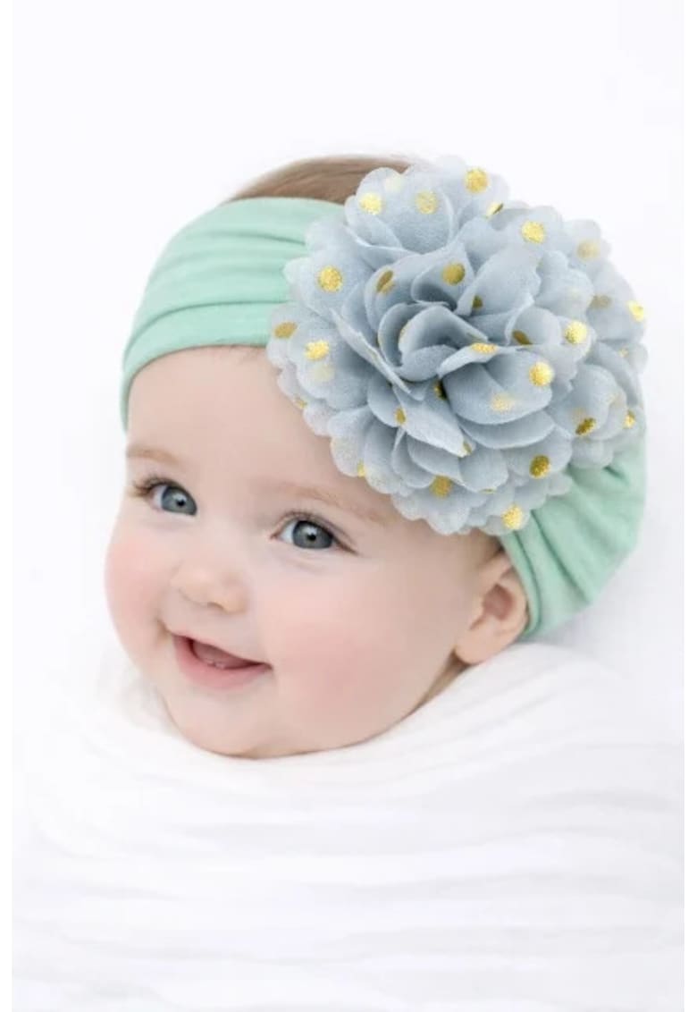 Bentita lata cu floare din tulle si buline aurii - 0-12 - Verde