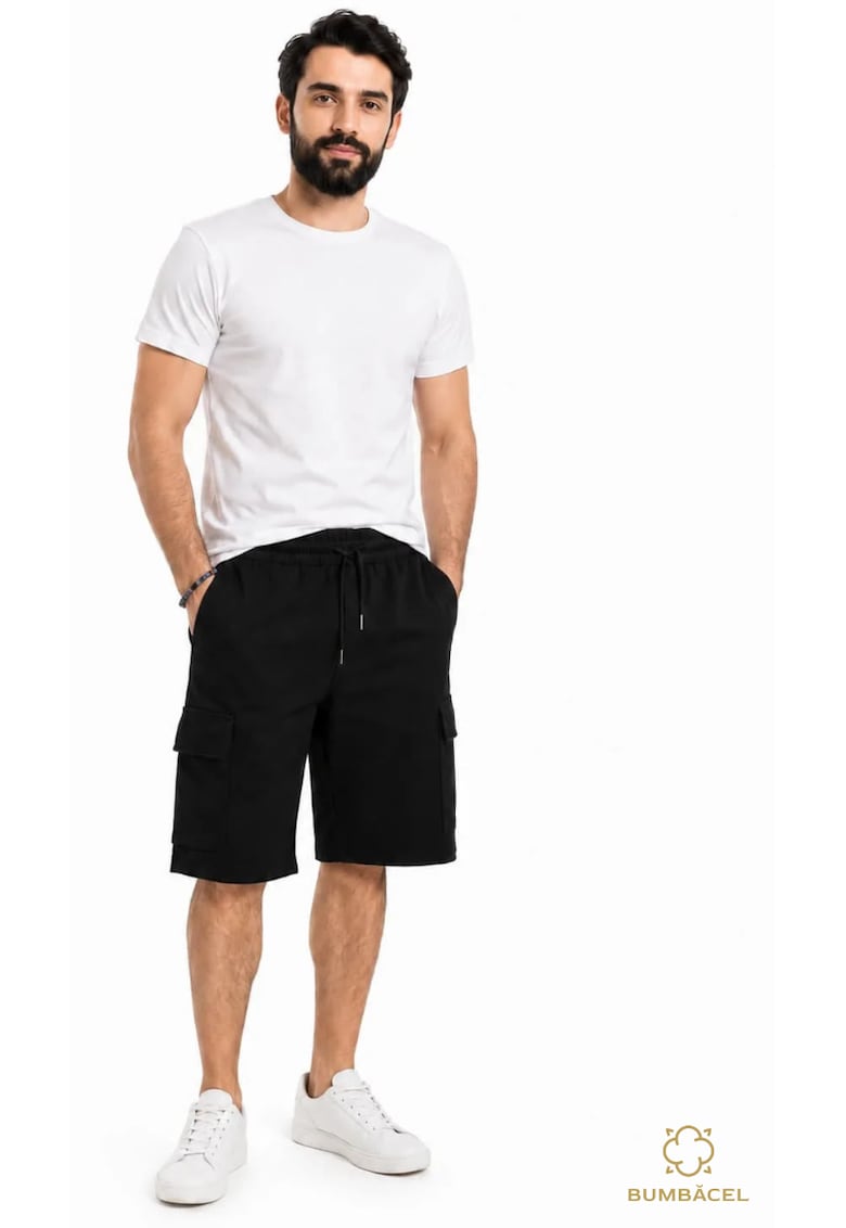 Pantaloni scurti casual - din bumbac - pentru barbati - cu snur in talie si buzunare - Negru