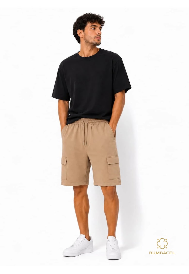 Pantaloni scurti casual - din bumbac - pentru barbati - cu snur in talie si buzunare - Maro