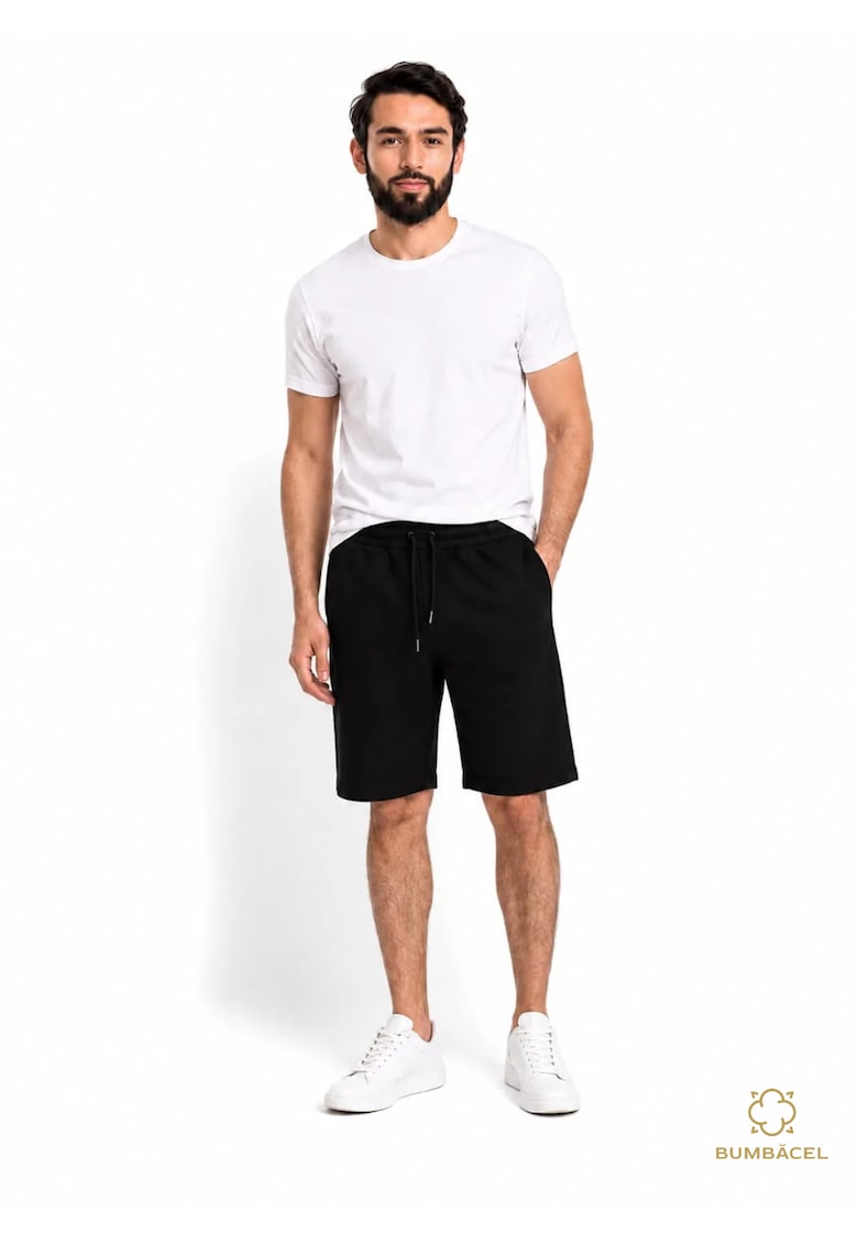 Pantaloni scurti barbati din bumbac pentru vara - cu buzunare si snur in talie - Negru