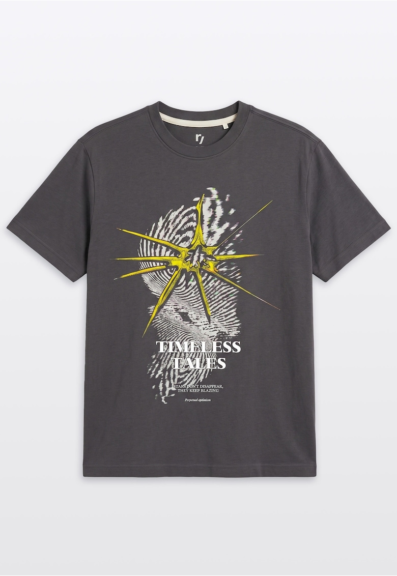 Tricou cu imprimeu grafic si decolteu la baza gatului - Gri - Gri