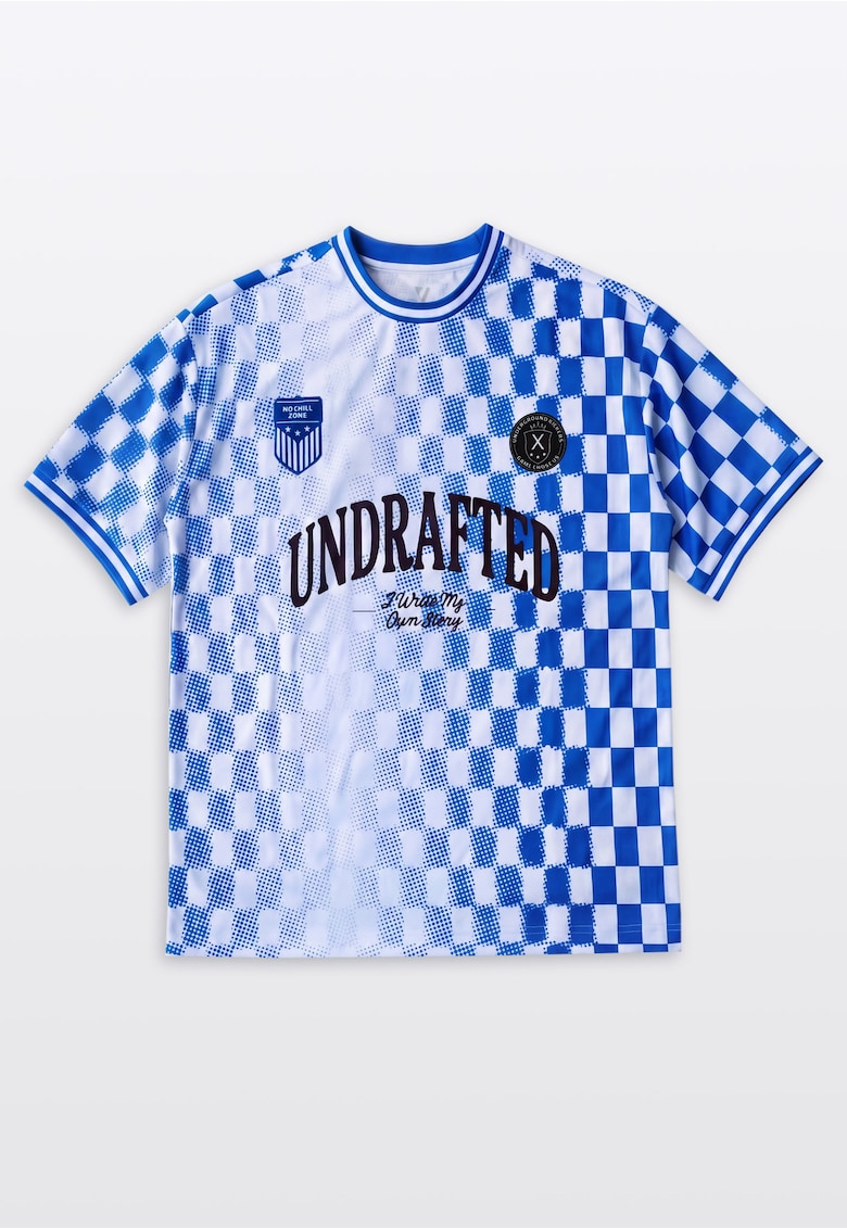 Tricou lejer cu imprimeu si decolteu la baza gatului - Alb/Albastru - Alb/Albastru