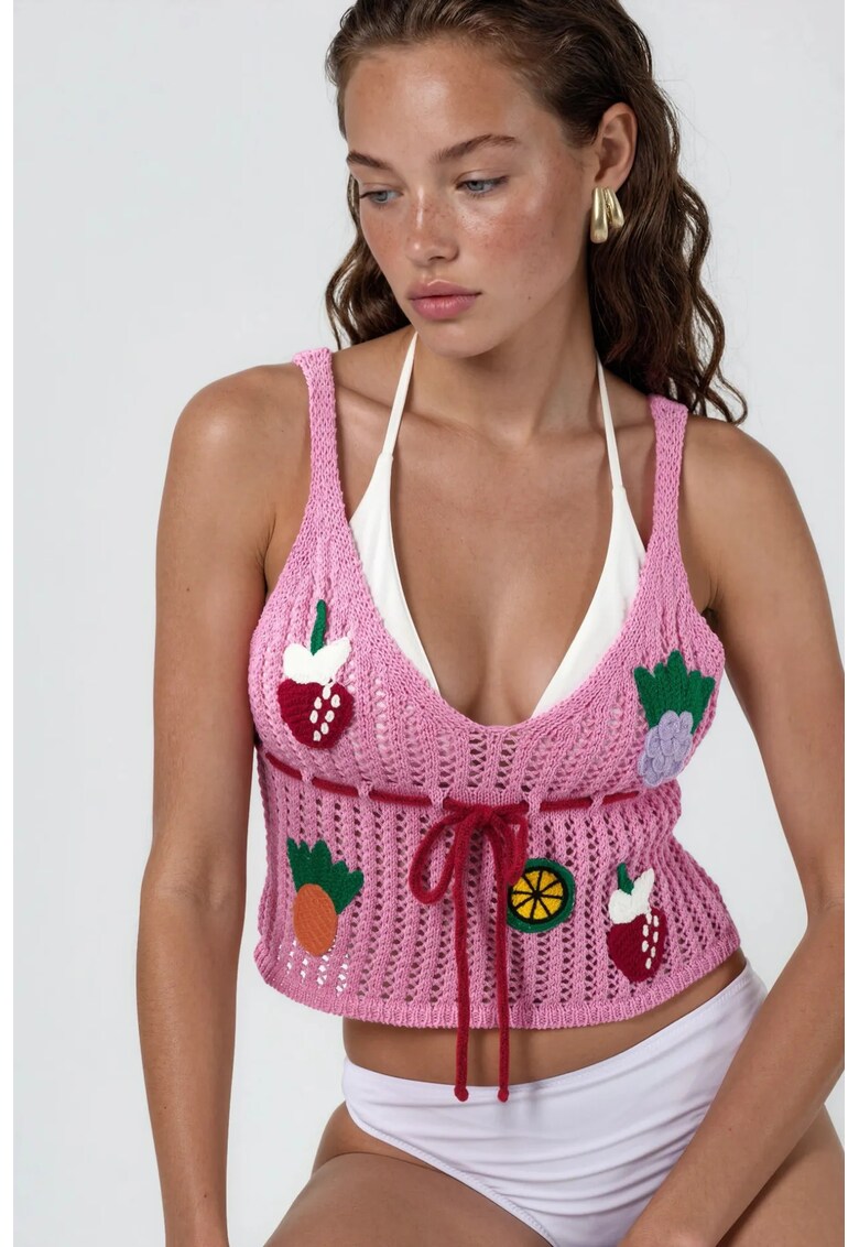 Top tricotat scurt - decolteu in V - imprimeu floral - roz carnation - 100% bumbac