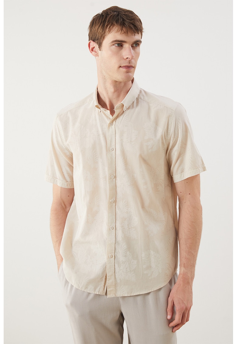 Camasa slim-fit din bumbac cu model frunze - Crem