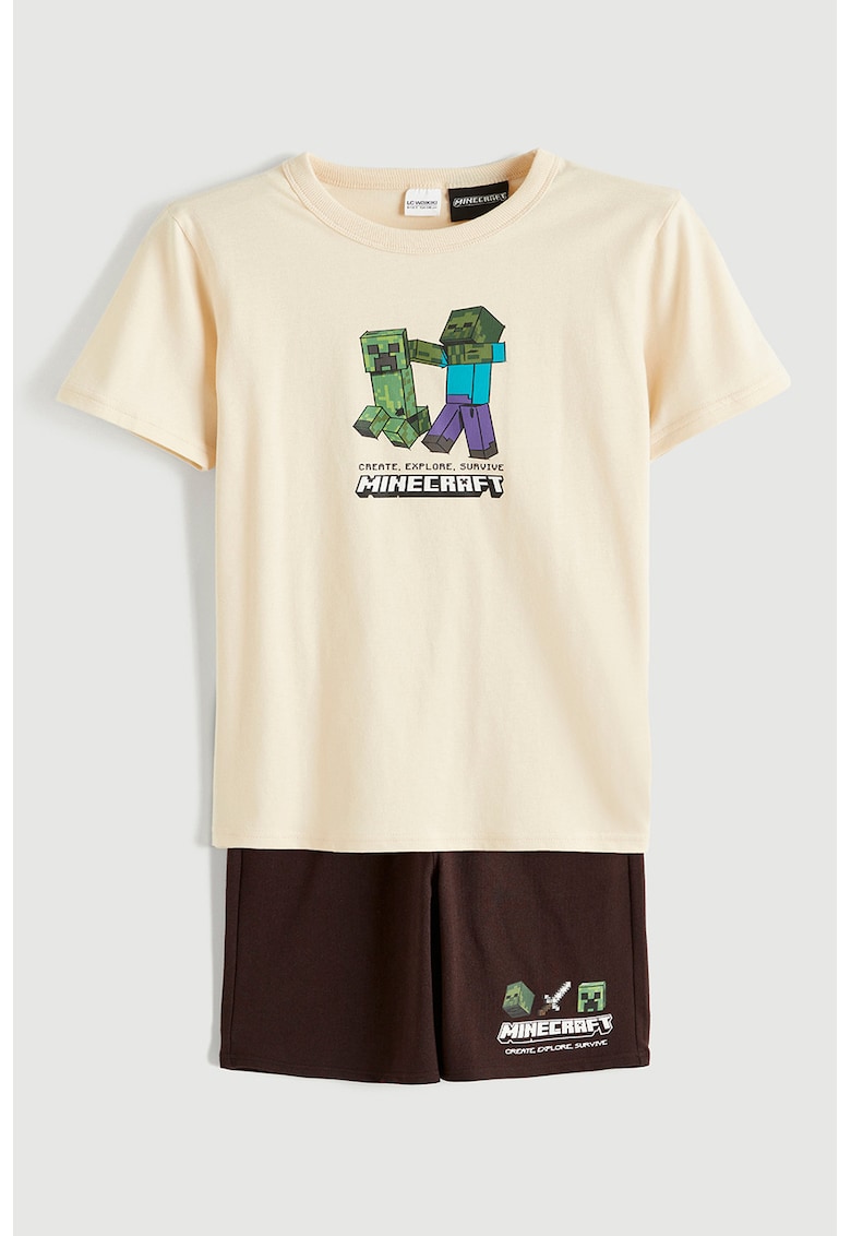 Set de tricou si pantaloni scurti cu imprimeu cu desene animate - 2 piese - Maro inchis/Crem