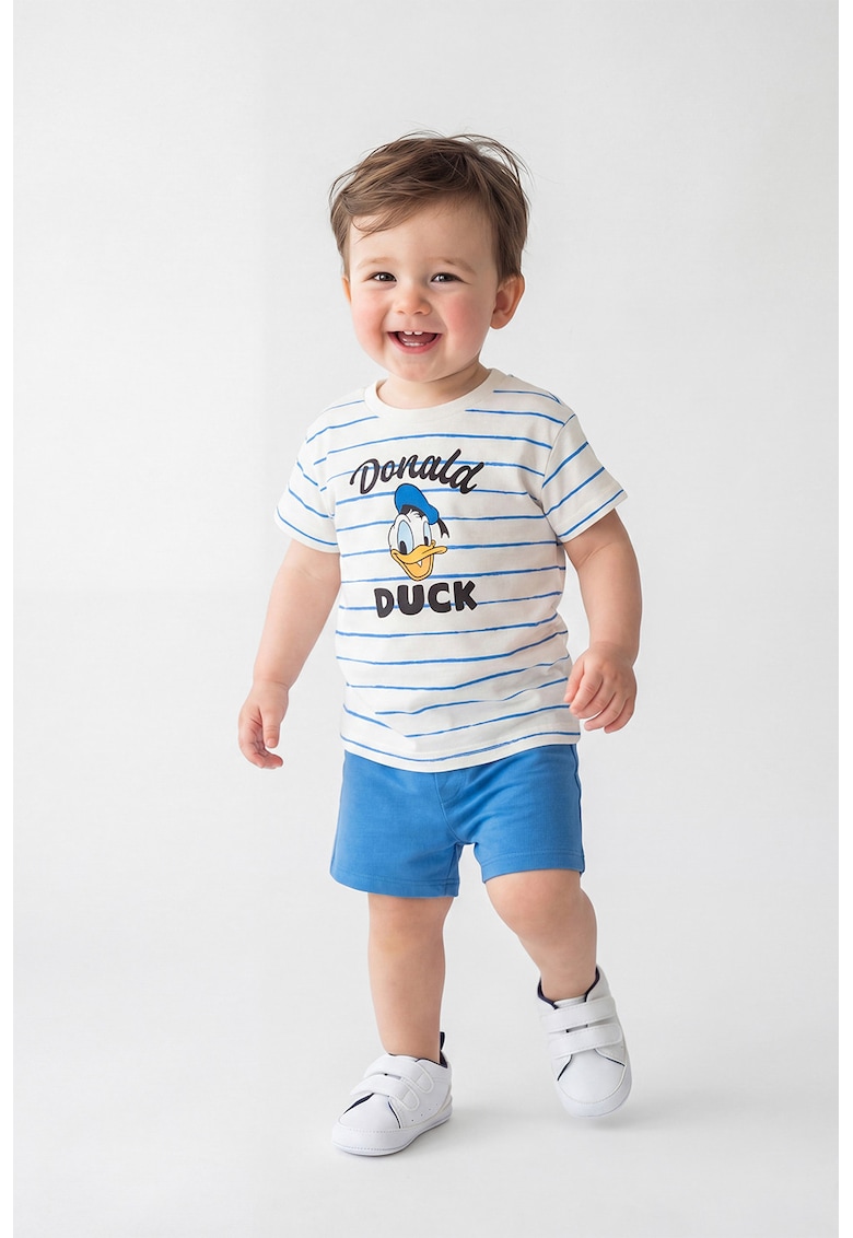 Set de tricou cu decolteu la baza gatului si pantaloni scurti cu imprimeu cu desene animate - 2 piese - Alb/Albastru