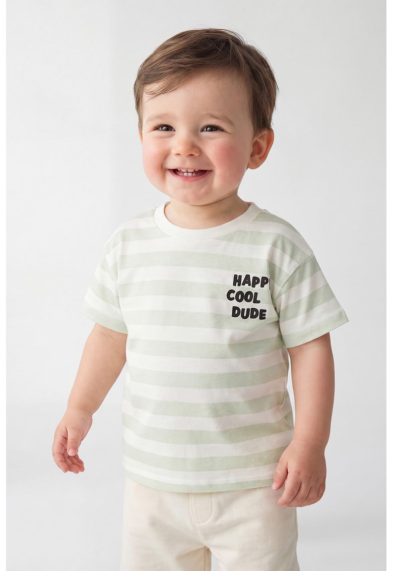 Tricou din bumbac cu model in dungi - Alb/Verde pastel