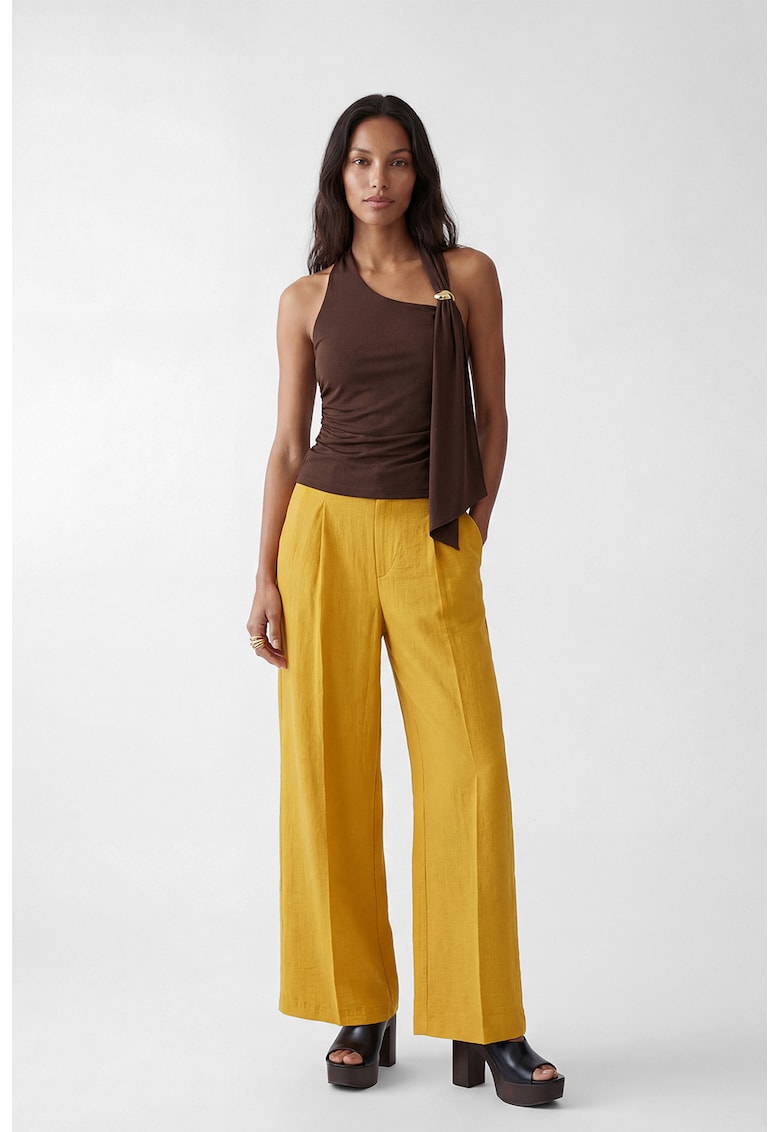Pantaloni cu talie medie - croiala dreapta si model uni - Galben miere