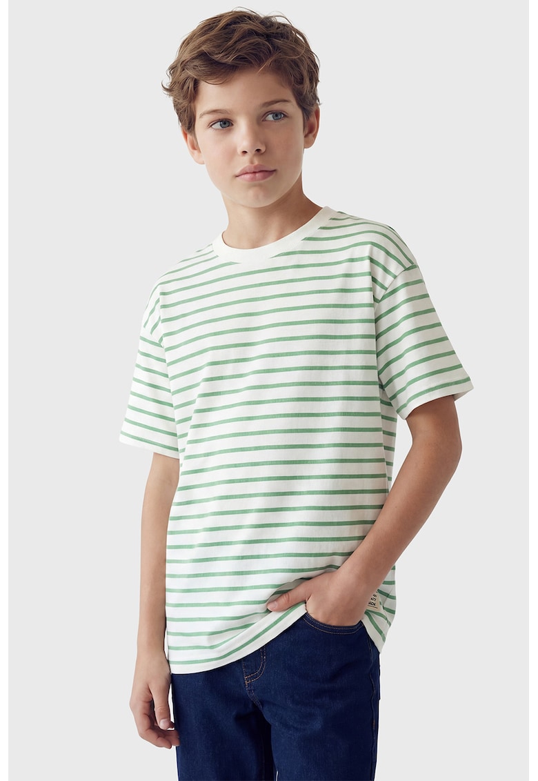 Tricou cu decolteu la baza gatului si model in dungi - Alb/Verde