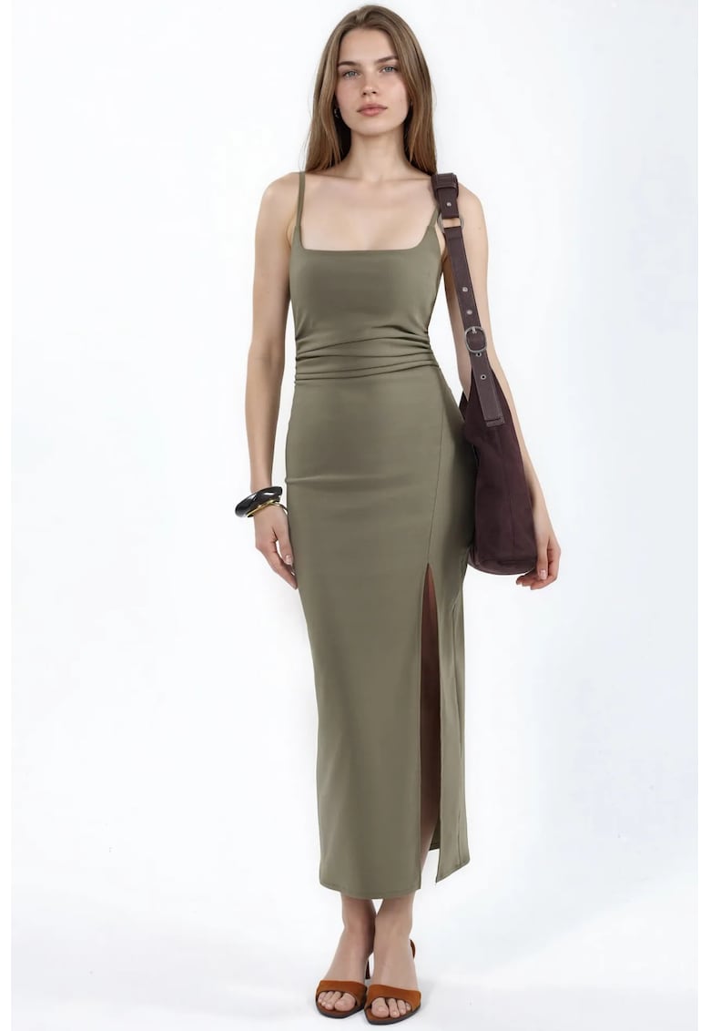 Rochie midi - bodycon - verde kaki - bumbac