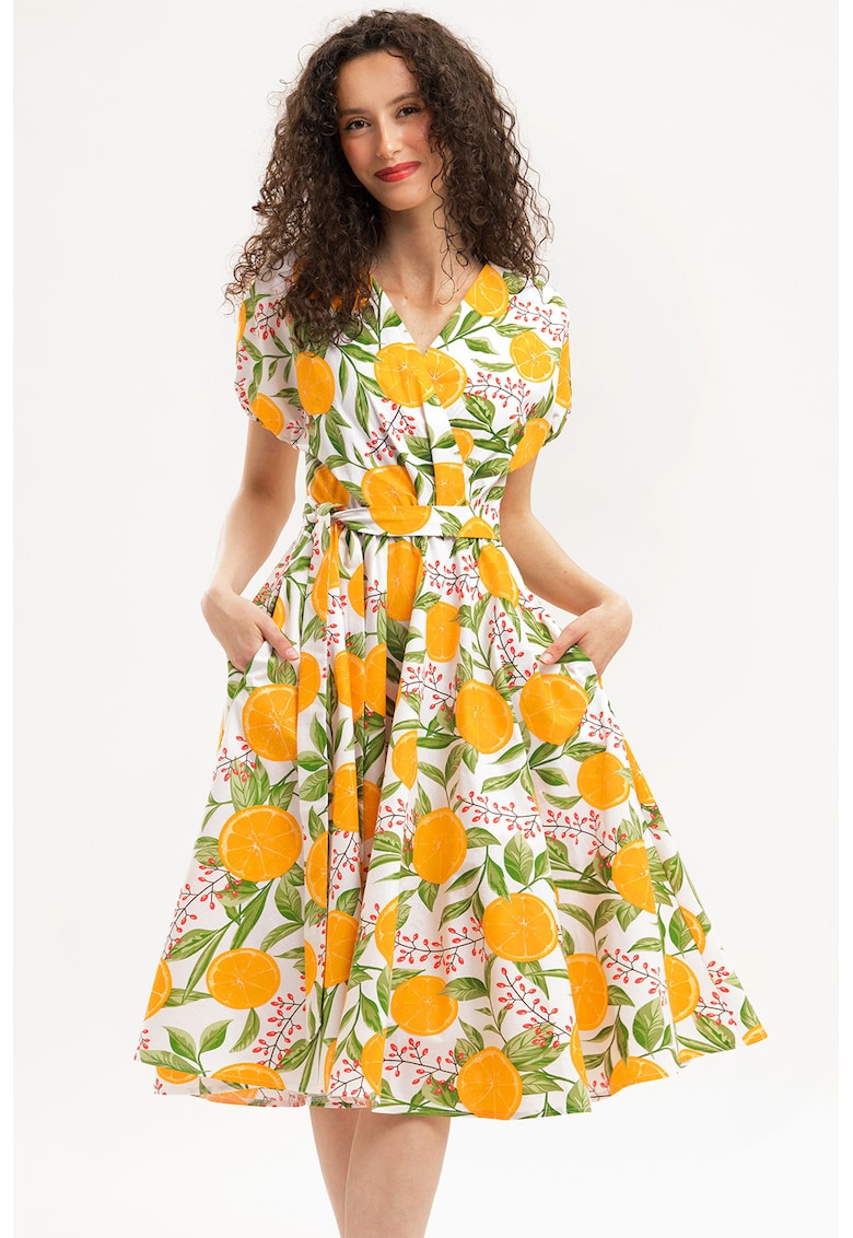 Rochie midi din bumbac cu croiala petrecuta - Portocaliu/Verde pal/Alb optic