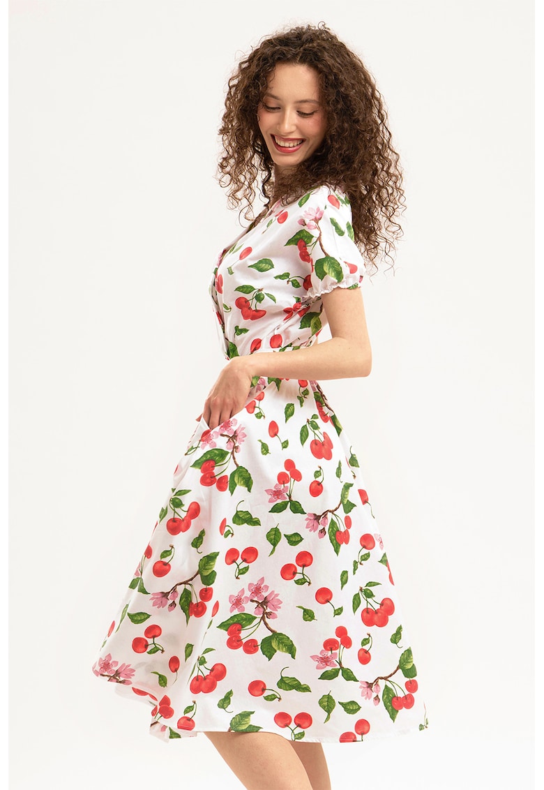 Rochie midi din bumbac cu croiala petrecuta - Rosu/Verde/Alb optic