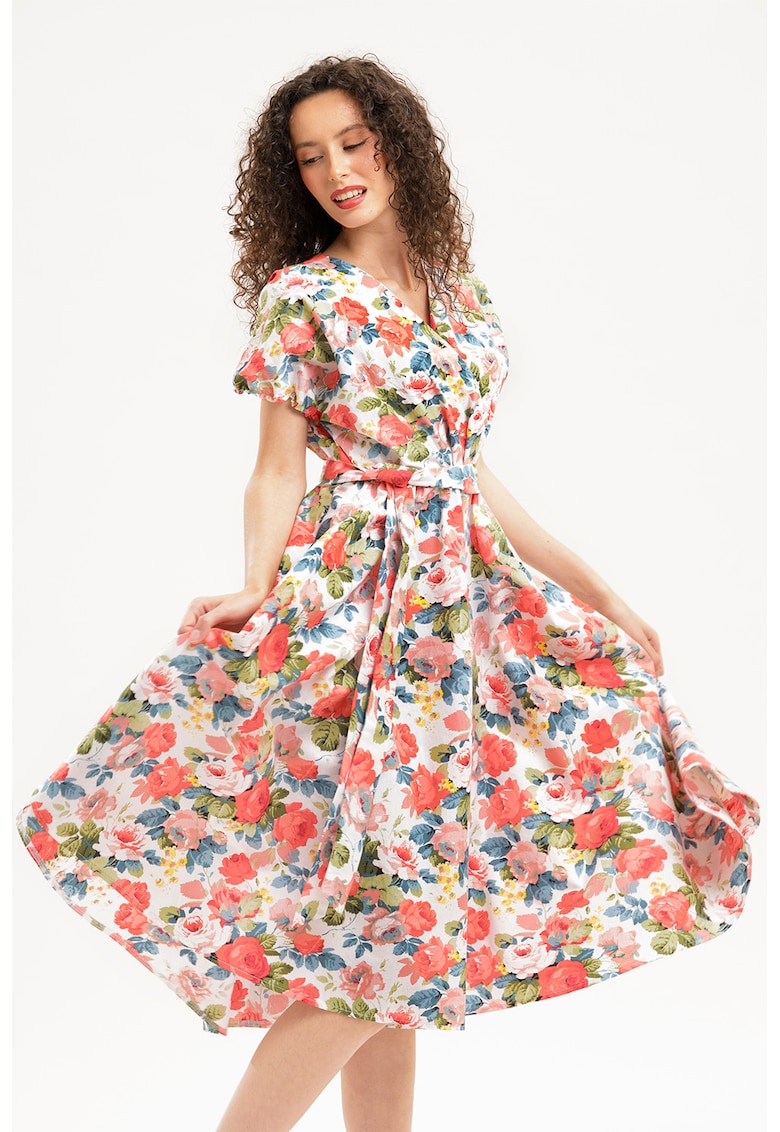 Rochie midi din bumbac cu croiala petrecuta - Roz somon/Verde pal/Alb optic