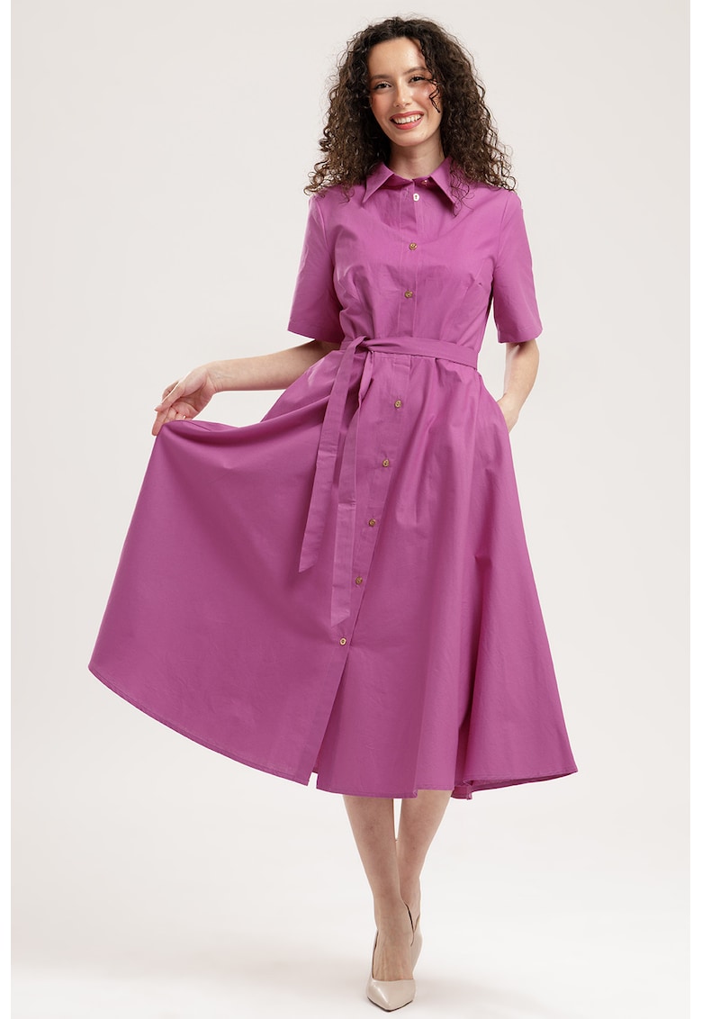 Rochie-camasa midi evazata cu buzunare laterale - Fucsia