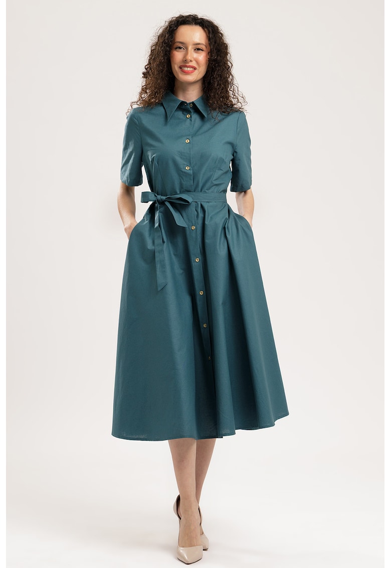 Rochie-camasa midi evazata cu buzunare laterale - Verde englez