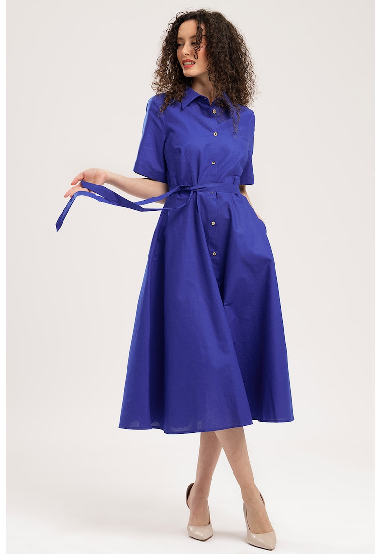 Rochie-camasa midi evazata cu buzunare laterale - Albastru royal