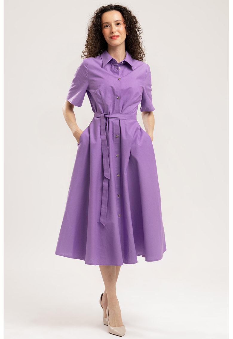 Rochie-camasa midi evazata cu buzunare laterale - Lila