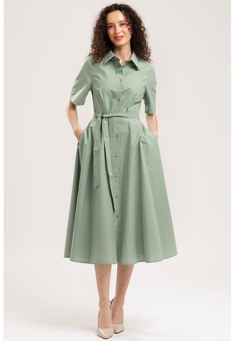 Rochie-camasa midi evazata cu buzunare laterale - Verde pal