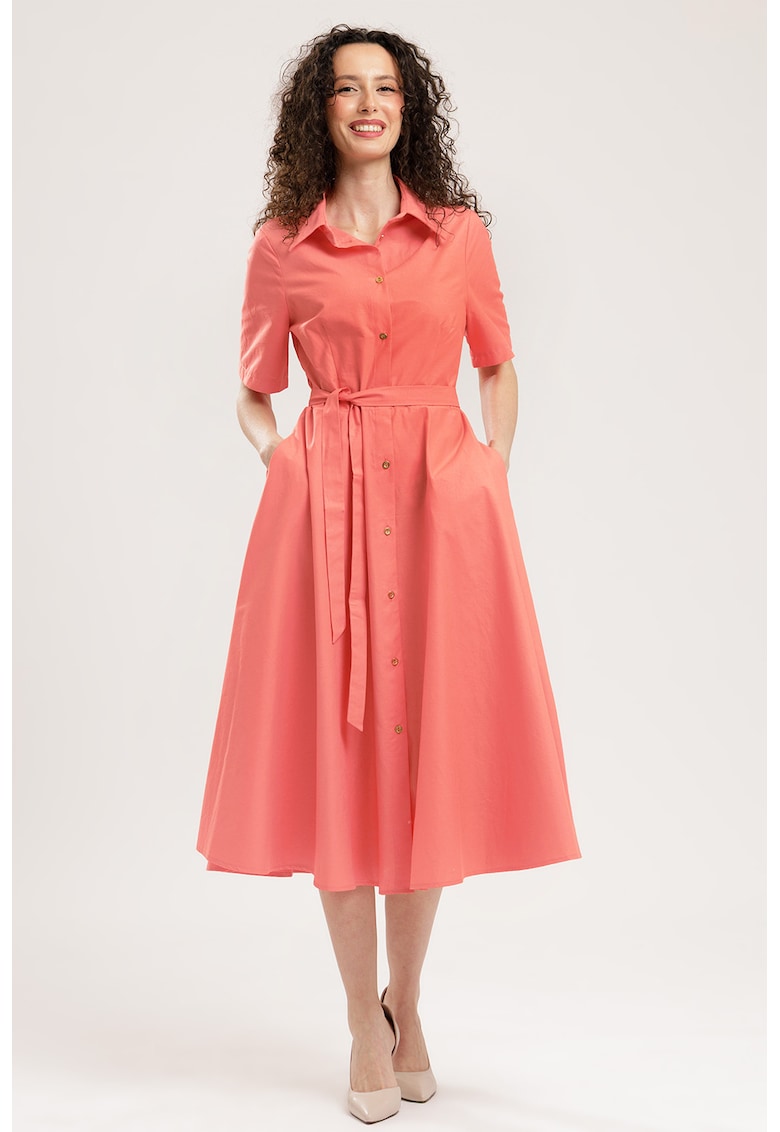 Rochie-camasa midi evazata cu buzunare laterale - Coral