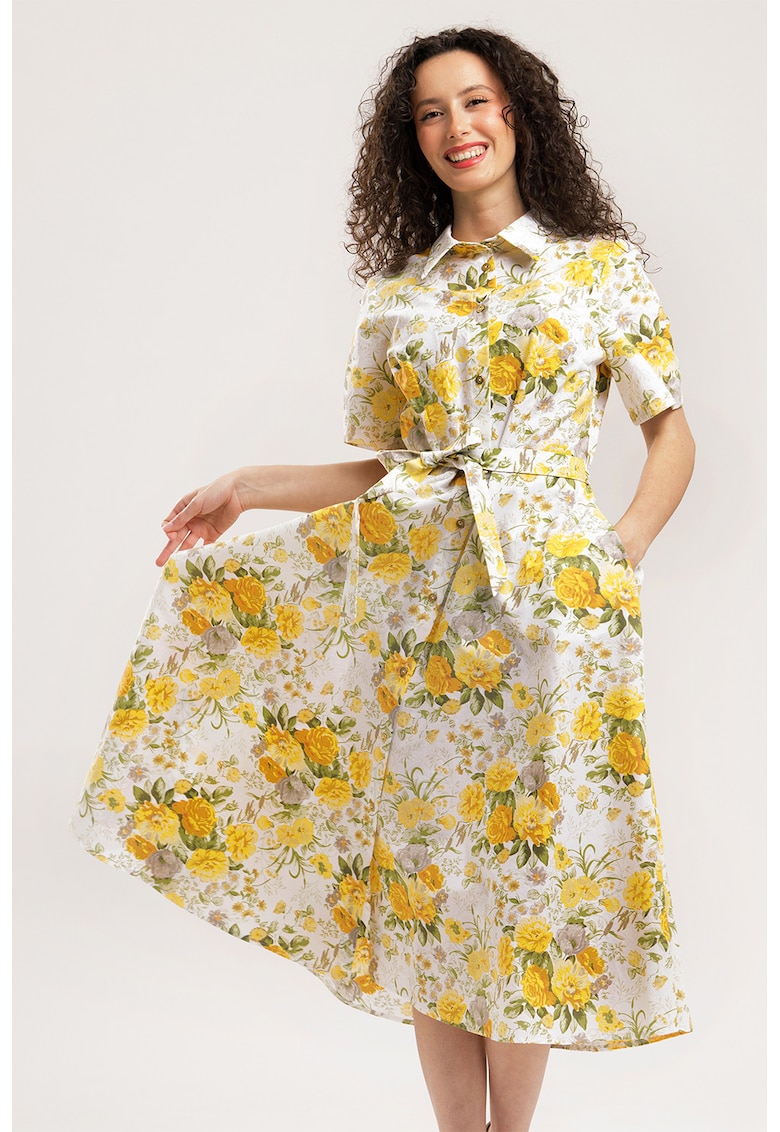 Rochie-camasa midi evazata cu buzunare laterale - Galben/Alb optic
