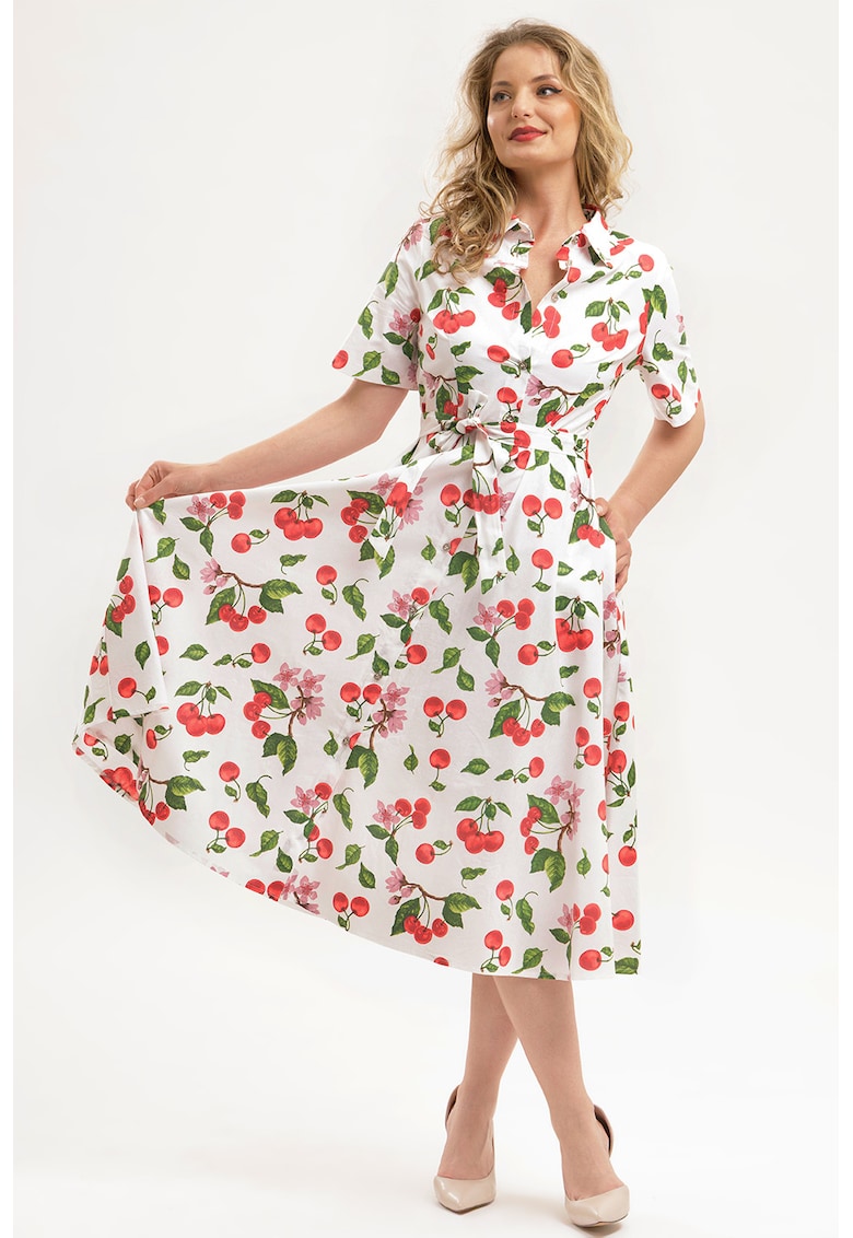 Rochie-camasa midi evazata cu buzunare laterale - Rosu/Alb optic/Verde feriga