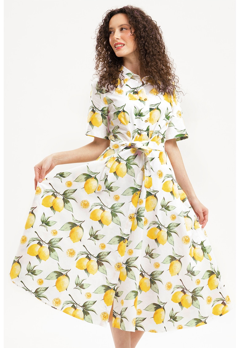 Rochie-camasa midi evazata cu buzunare laterale - Galben pal/Verde pal/Alb optic