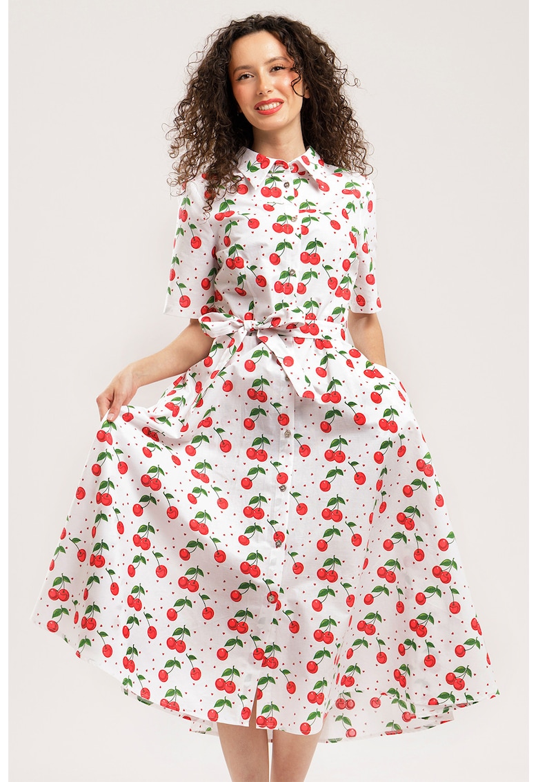 Rochie-camasa midi evazata cu buzunare laterale - Rosu/Verde/Alb optic