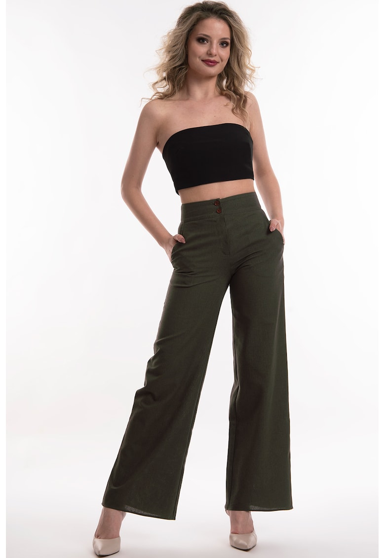 Pantaloni evazati din in - Kaki inchis