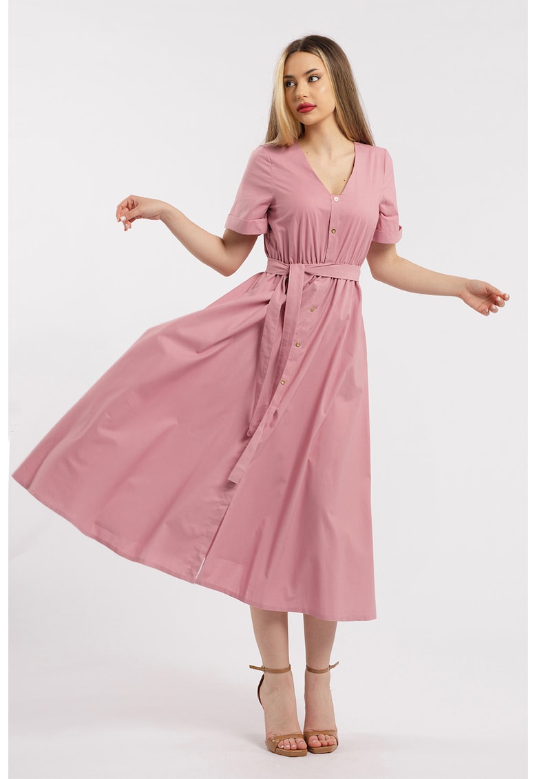 Rochie midi cu croiala evazata - decolteu in V si cordon in talie - Roz pastel