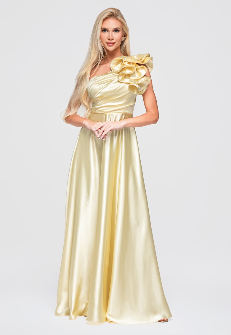 Rochie maxi cu decolteu asimetric - drapare si falbana pentru evenimente LA-OM-DLR362 - Galben