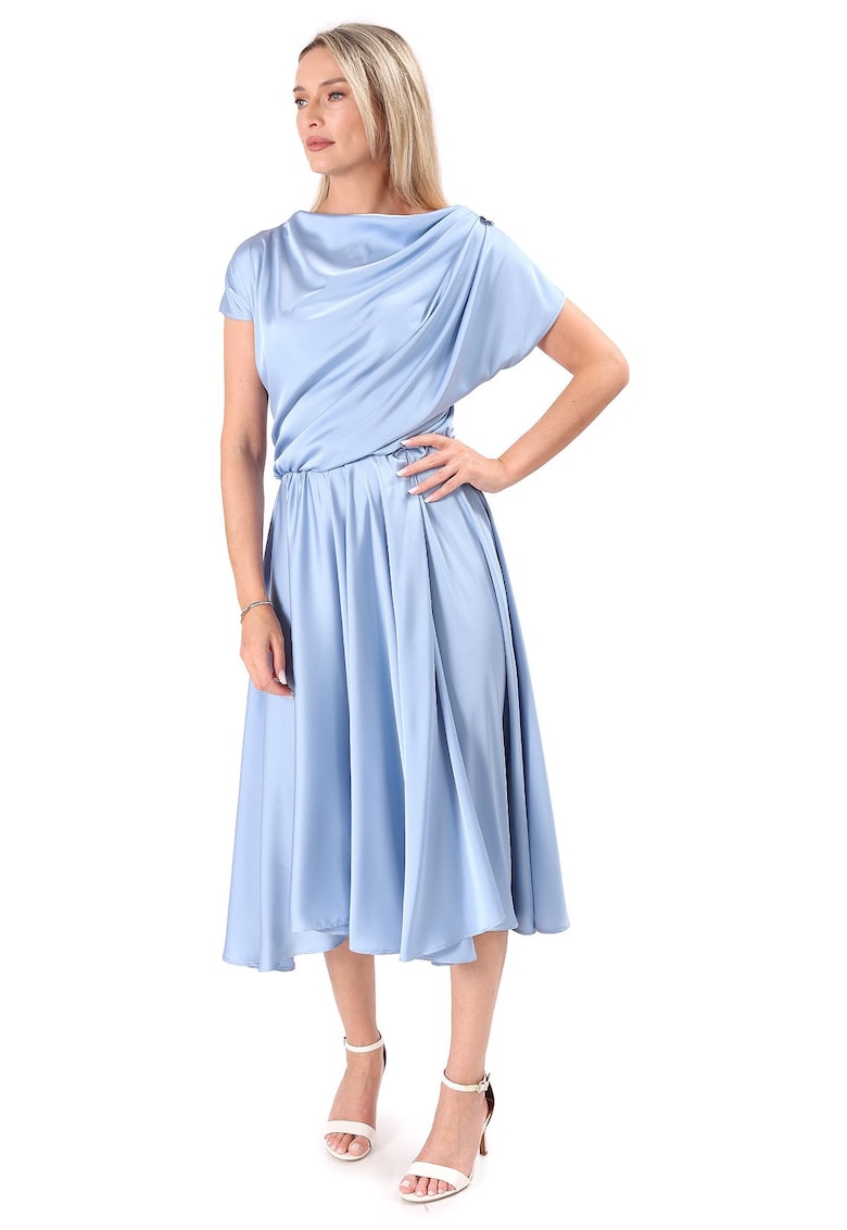Rochie midi din satin elastic cu decolteu barcuta - Albastru aquamarin