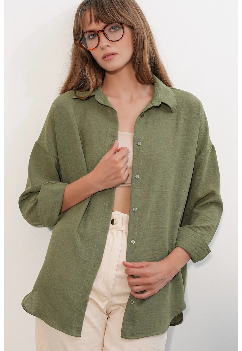 Camasi dama - camasa brodata cu maneca lunga - verde salvie - 70% viscoza - 30% in