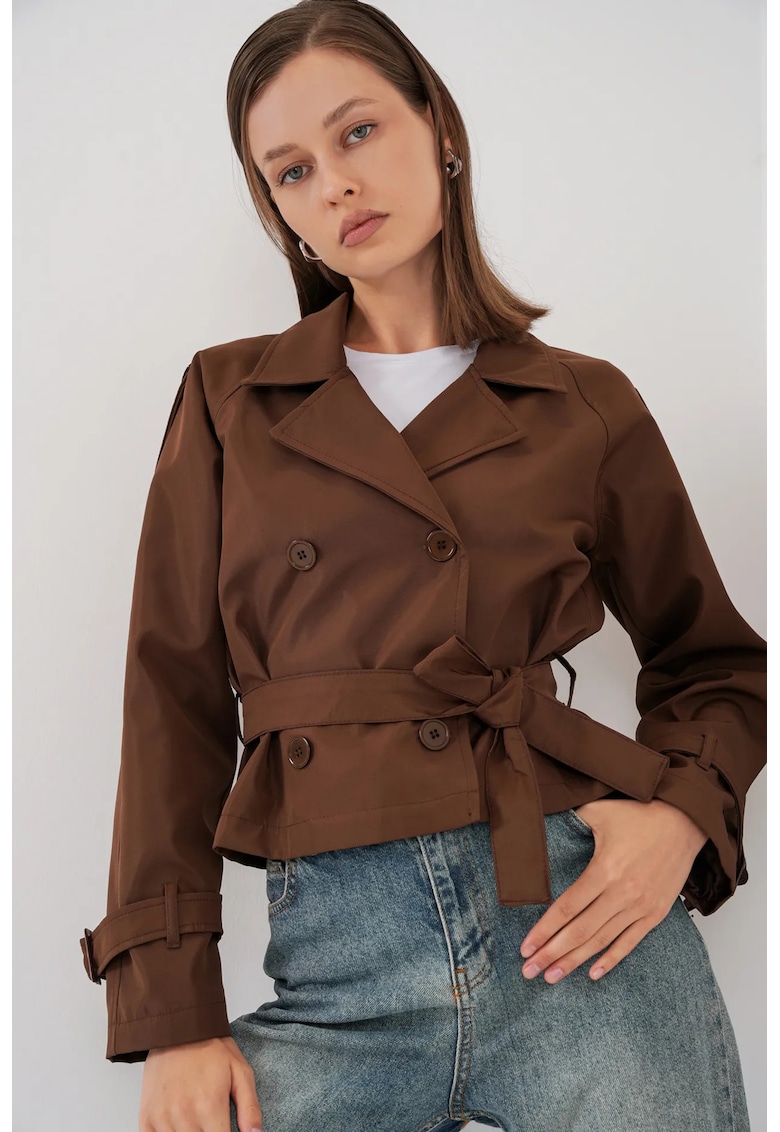 Palton dama - trenci scurt - casual - cu curea - maro nuc - poliester