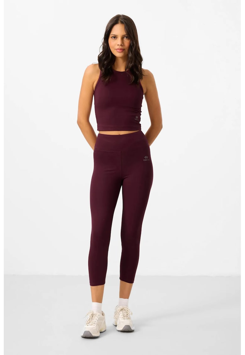 Set Activ Femei - Top Fara Maneci si Colanti Capri - Elastic - Rosu Burgundy - Amestec de Bumbac