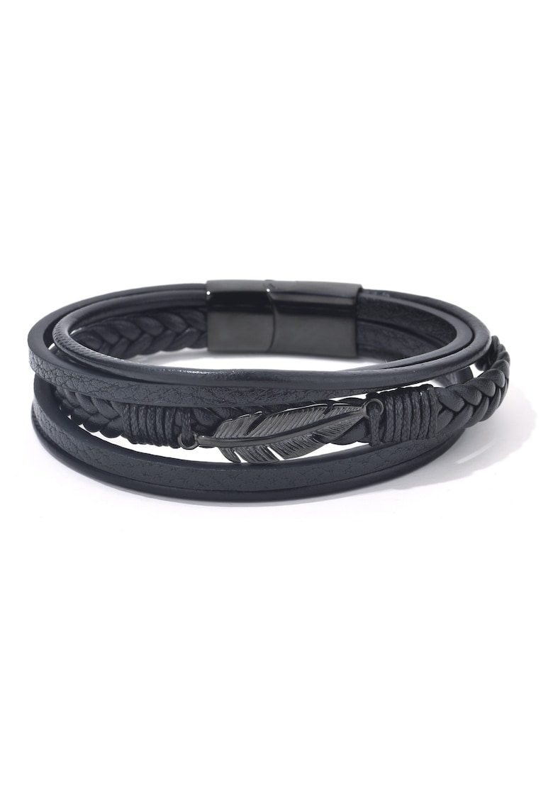 Bratara barbati din piele naturala negru Frunza - 22 cm