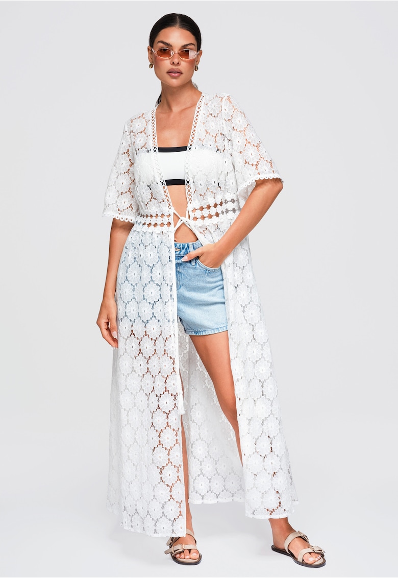 Kimono de plaja lung dama cu decolteu in V - maneci scurte - stil lejer OW-SW-E0001 - Alb