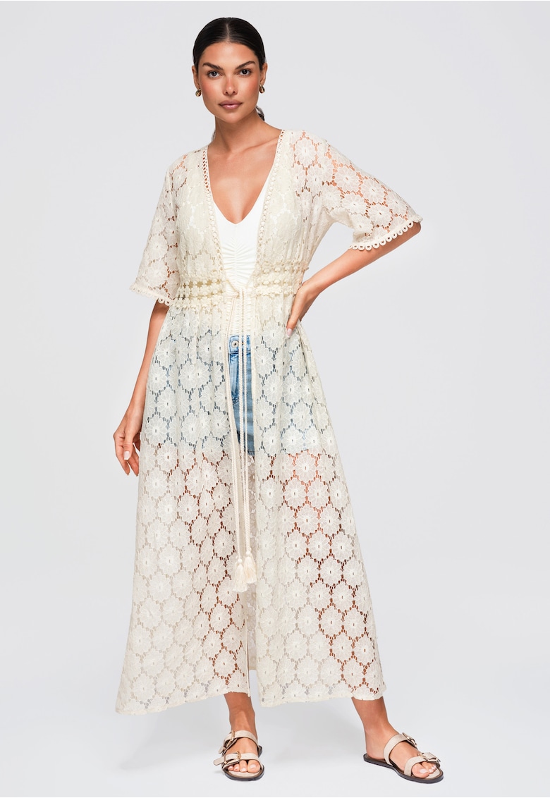 Kimono de plaja lung dama cu decolteu in V - maneci scurte - stil lejer OW-SW-E0001 - Crem
