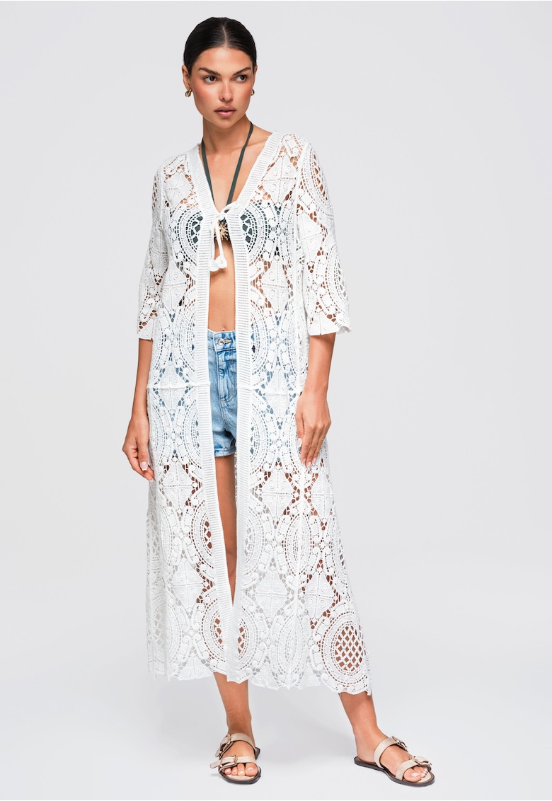 Kimono de plaja lung pentru femei - decolteu in V - maneci 3/4 - crosetat - ONESIZE OW-SW-E0004 - Alb - ONESIZE