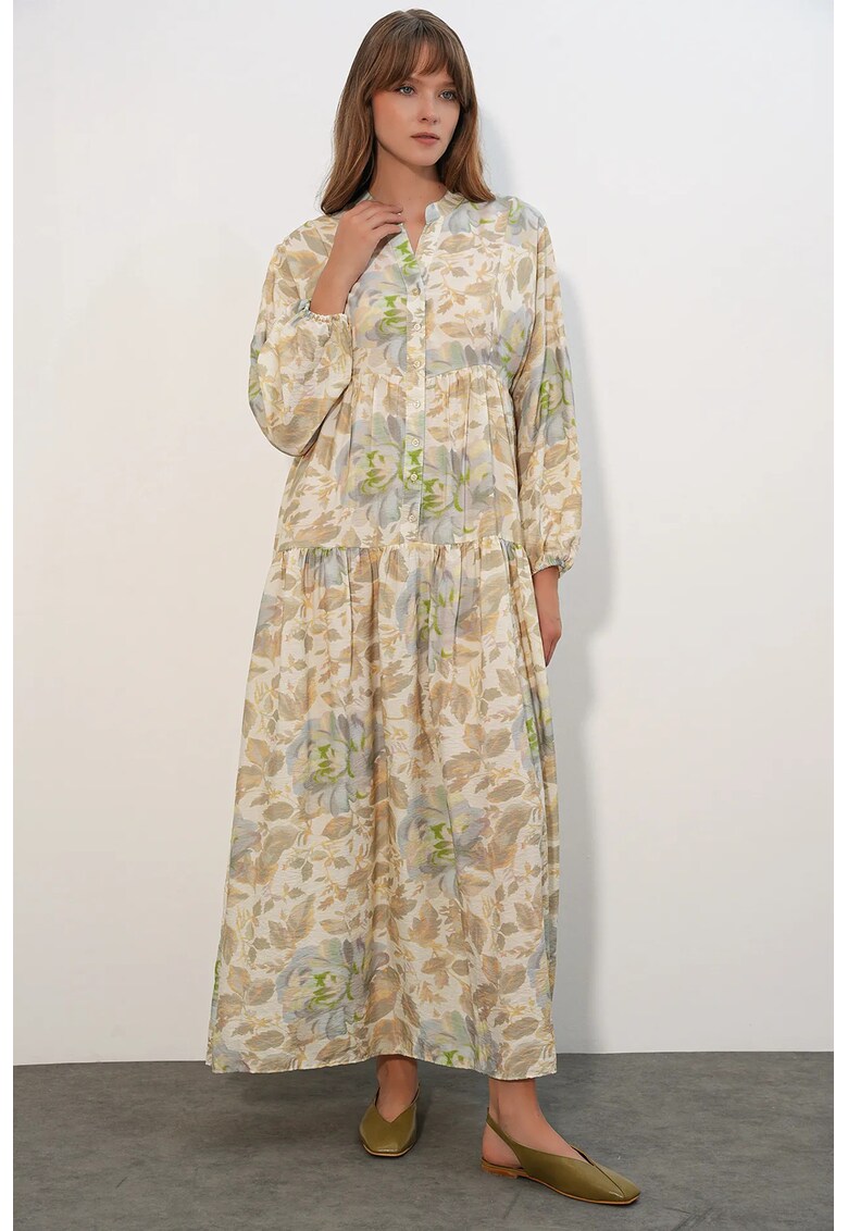 Rochie Maxi Floral - Multicolor - Maneca lunga - Guler Mandarin - 84% viscoza