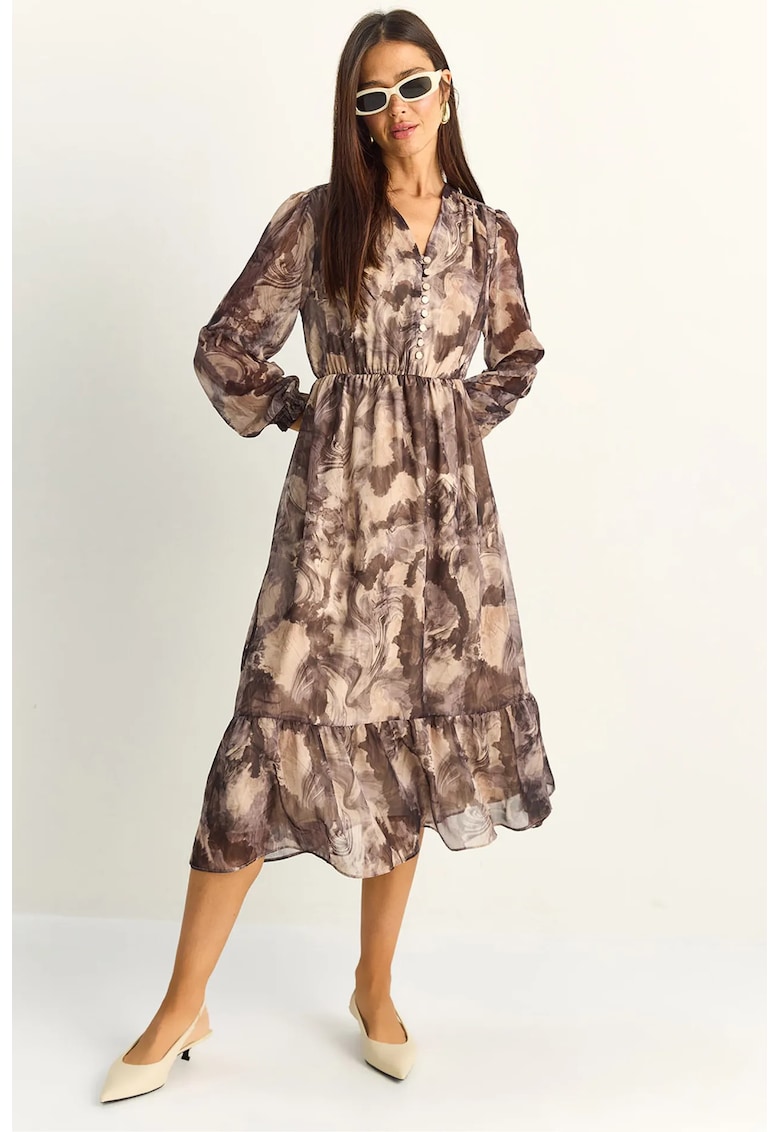Rochie Midi Model Paisley - Bej Natural - Maneca Lunga - Decolteu in V - 100% Poliester