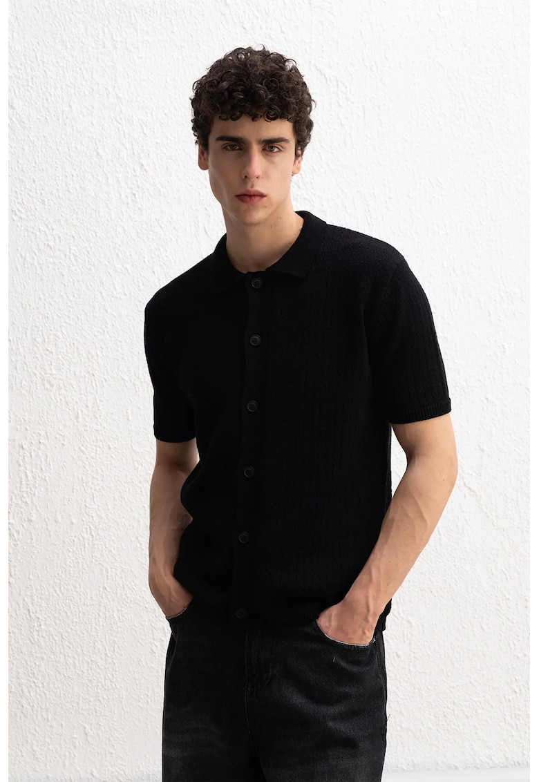 Camasa barbati - polo - tricot texturat - maneca scurta - negru - 100% bumbac