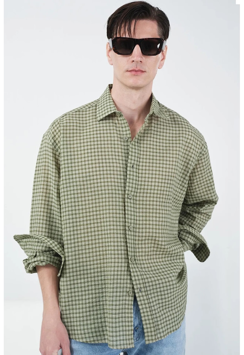Camasa barbati - Relaxed Plaid - verde kaki - bumbac cu lycra