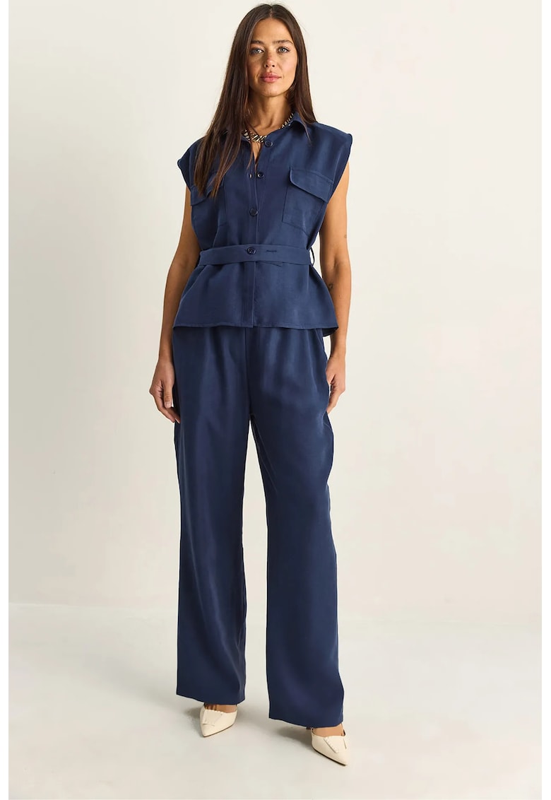 Set Coordonat Femei - Bluza Fara Maneci si Pantaloni Largi - Bleumarin - Bumbac -
