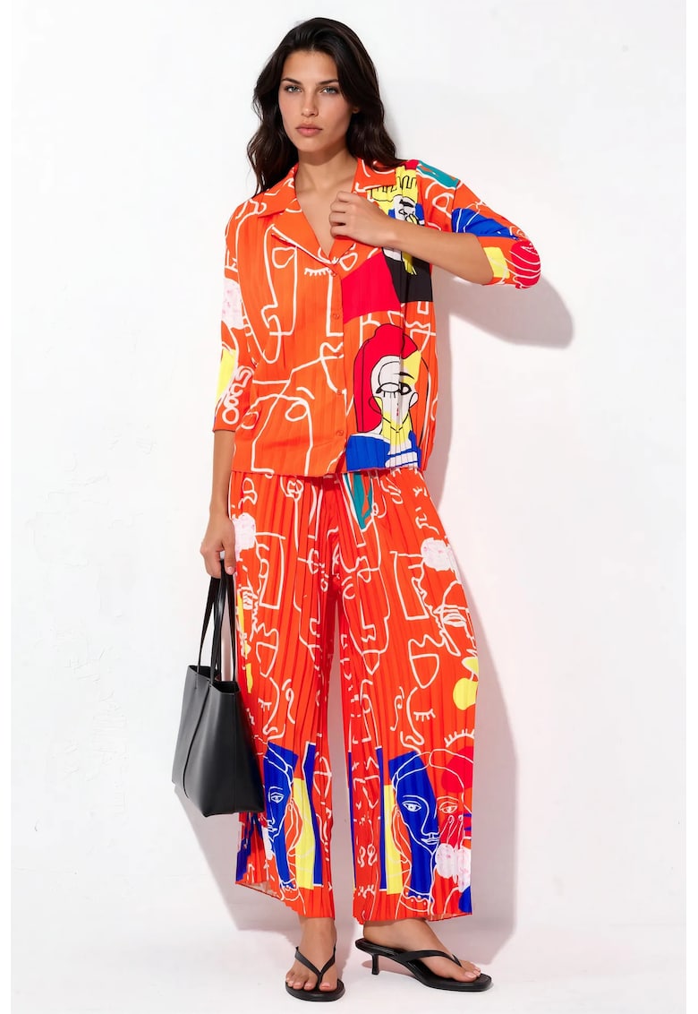 Set coordonat din doua piese - camasa cu maneca lunga si pantaloni largi - multicolor - poliester si lycra