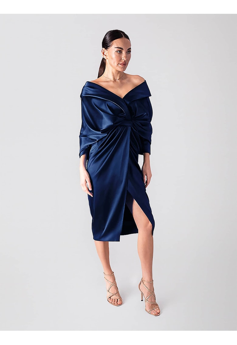 Rochie midi - cu model drapat - culoare Bleumarine - material sintetic - de ocazie - Bleumarin
